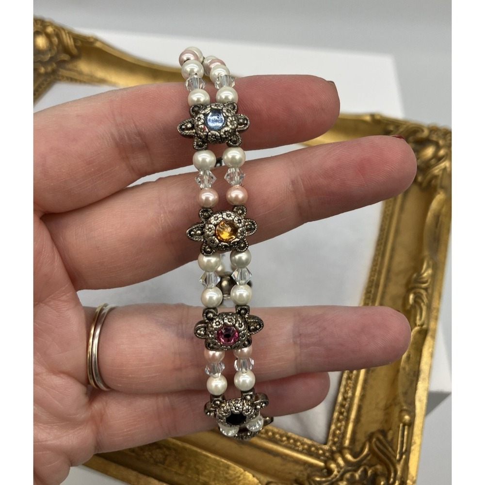 Handmade 2 Row Panel Bracelet Pearl Rhinestone Regal Royalcore Coquette Romantic - Picture 6 of 10